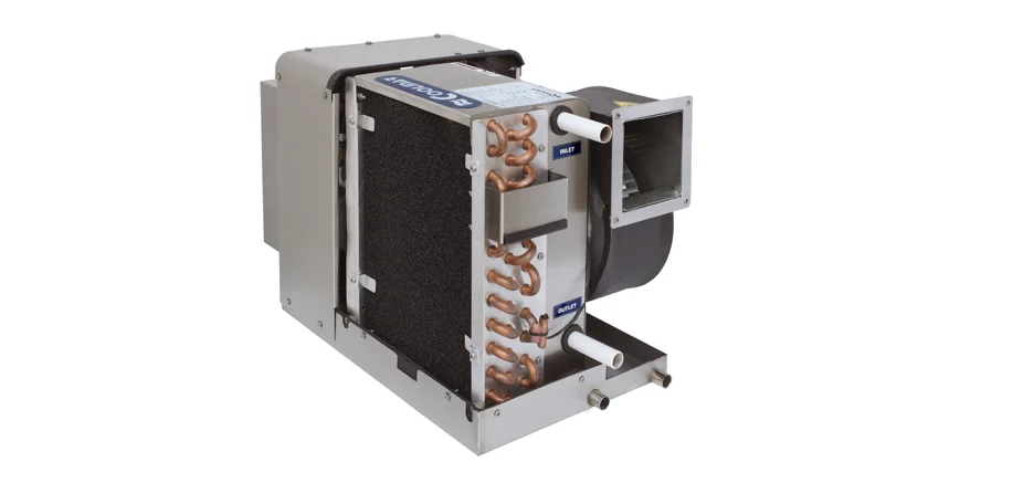 Coolmar marine fan coil unit showing copper coil and centrifugal blower