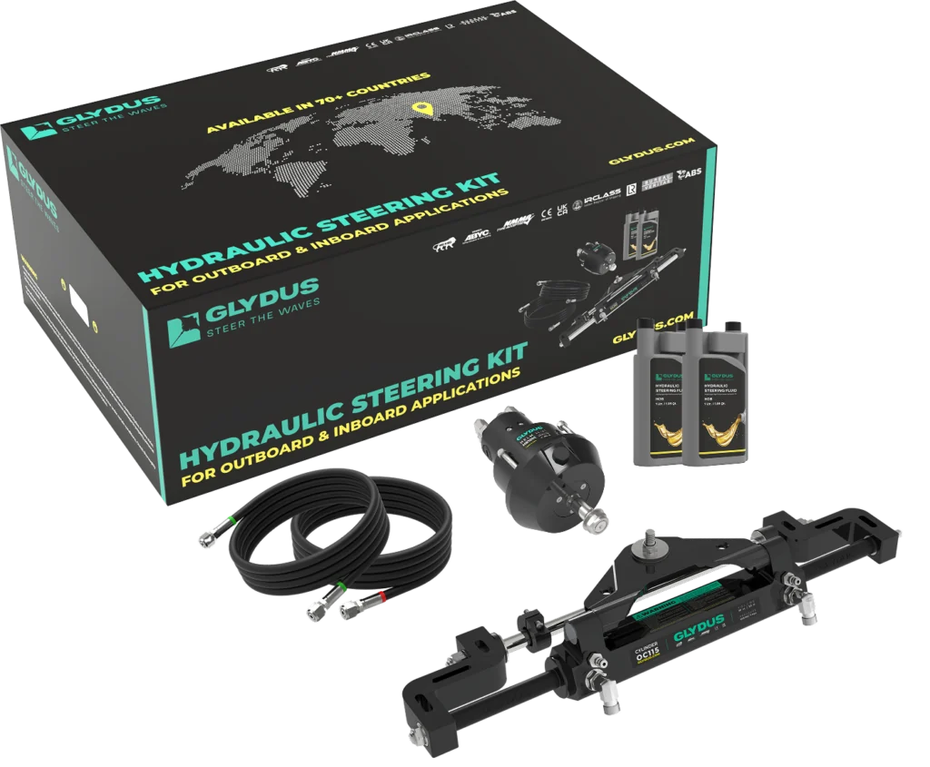 Glydus outboard hydraulic steering system with helm pump, cylinder, hoses and fluid