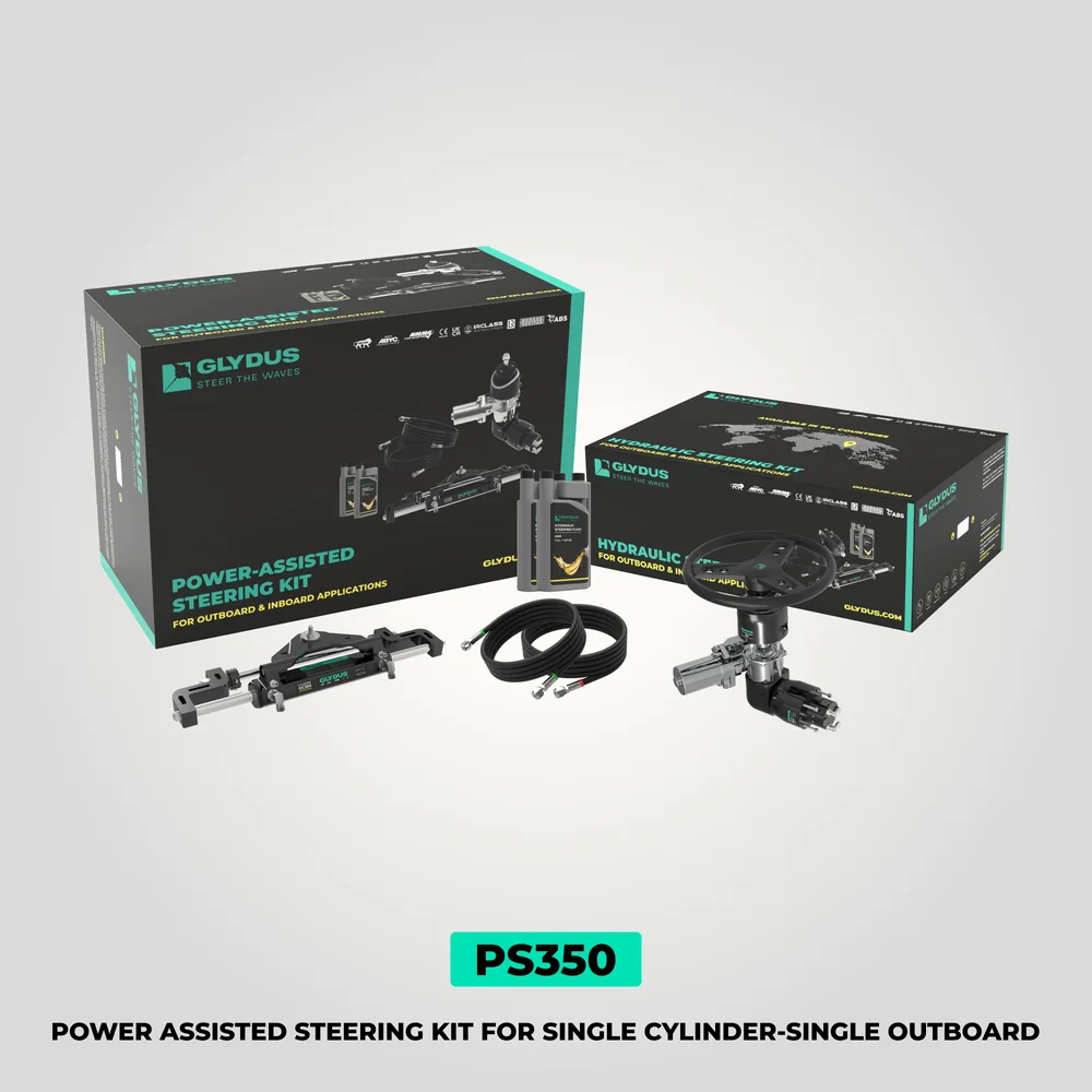 Glydus PS350 power-assisted steering system for a compatible outboard installation