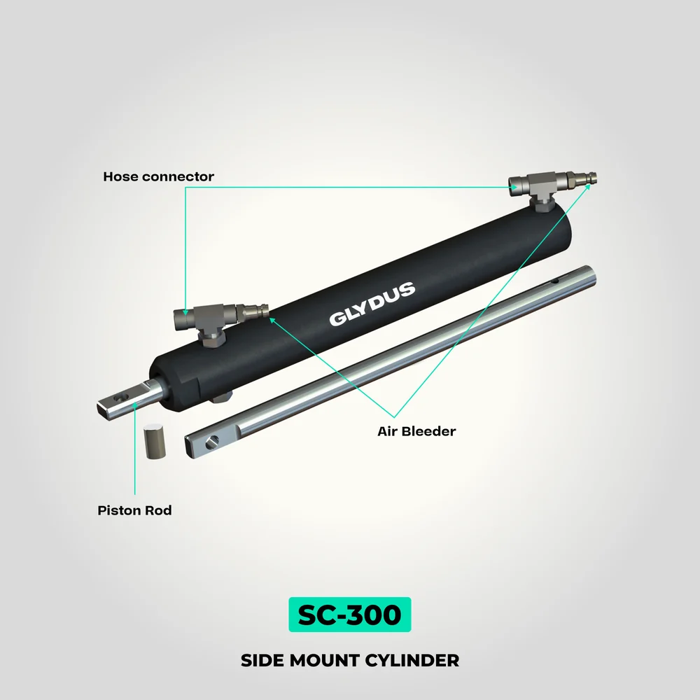 Glydus SH300 side-mount hydraulic steering cylinder for a compatible outboard application up to 300 HP