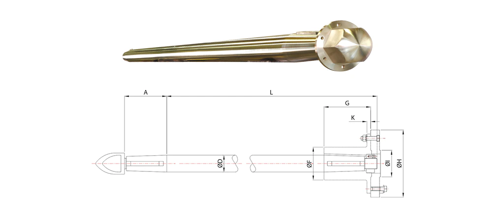 Marine tail shaft with dimensional technical drawing
