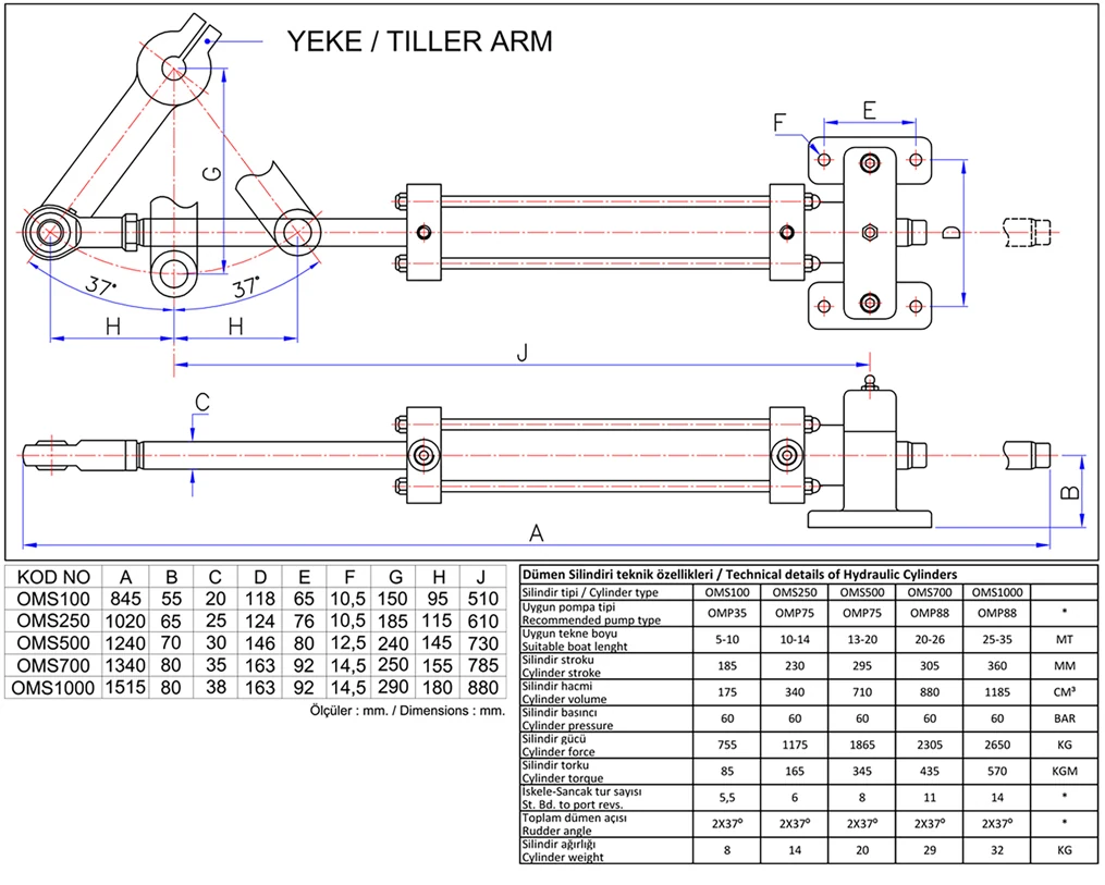 Oğuz Marine OMS100 OMS250 OMS500 OMS700 and OMS1000 hydraulic cylinder range