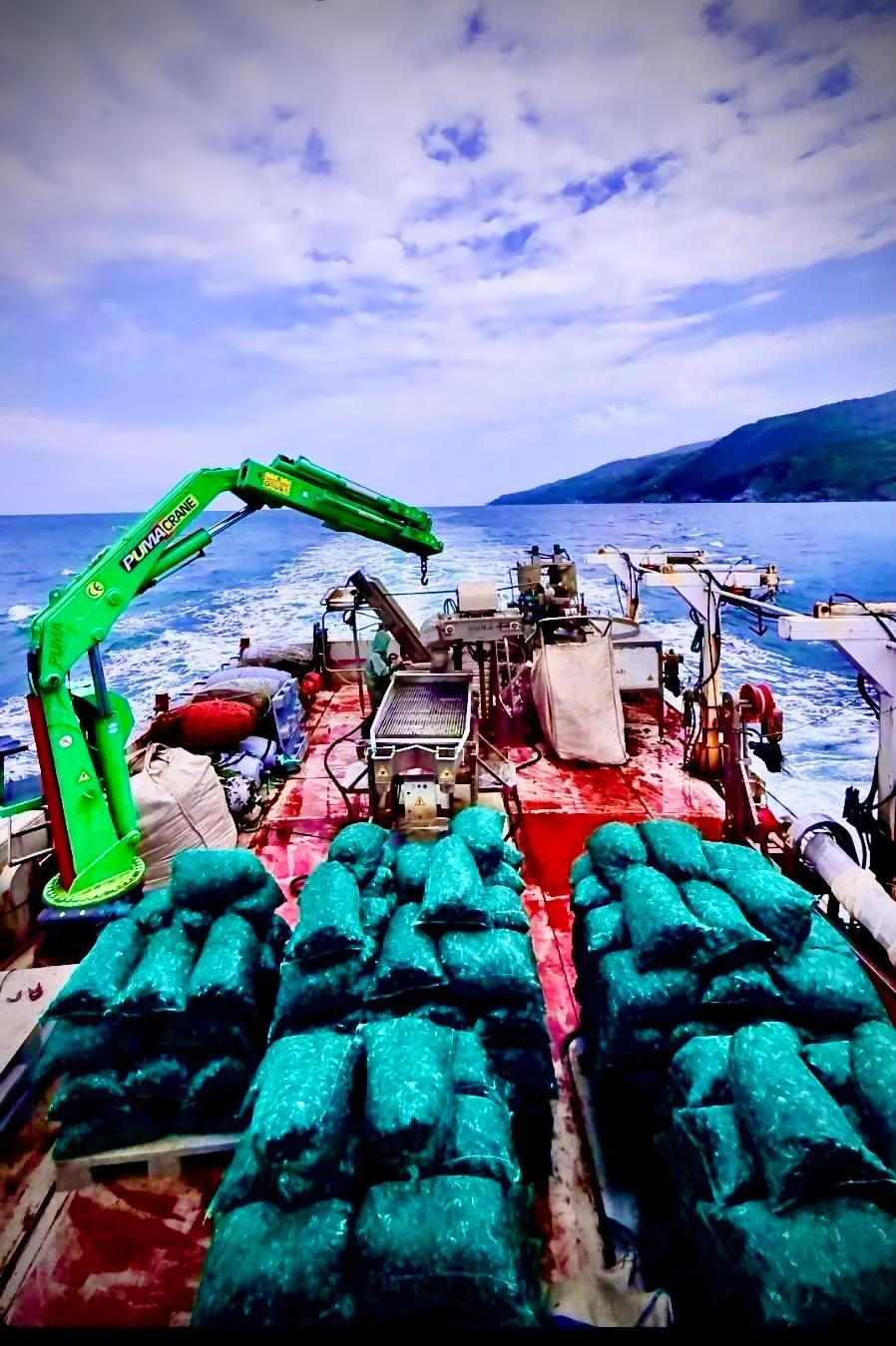 Green marine crane installed on an aquaculture or fishing vessel