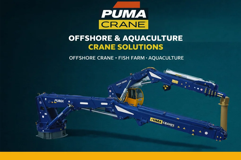 Knuckle-boom marine crane installed on an offshore aquaculture vessel