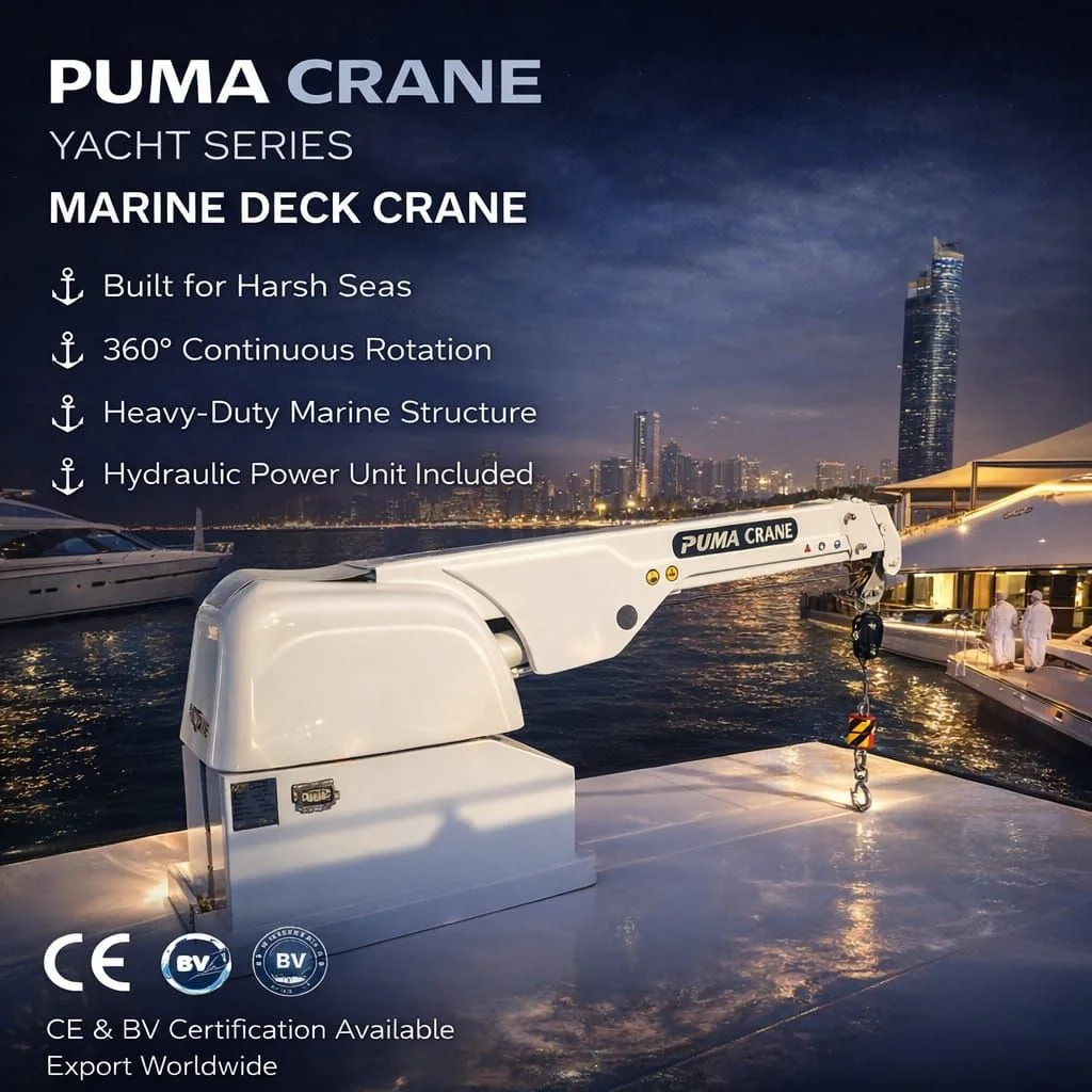 White marine deck crane installed on a yacht