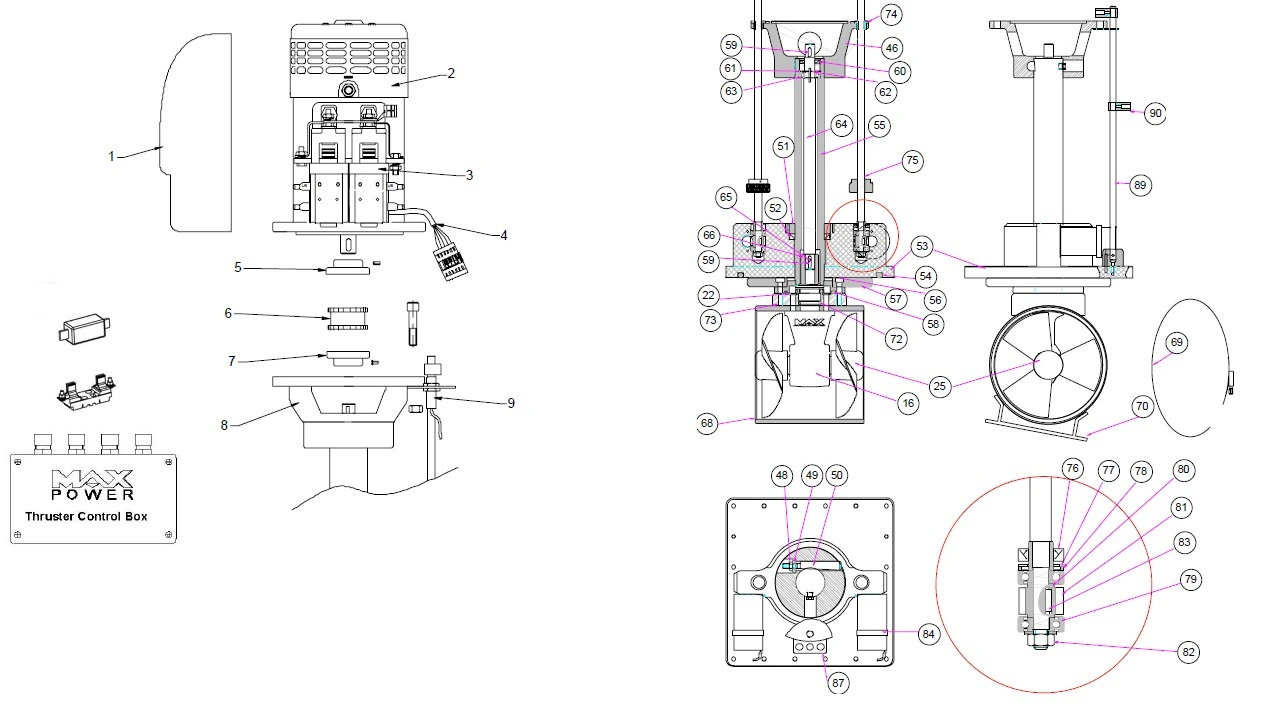 Max Power VIP250 Electric technical reference diagram for bow or stern thruster selection reference