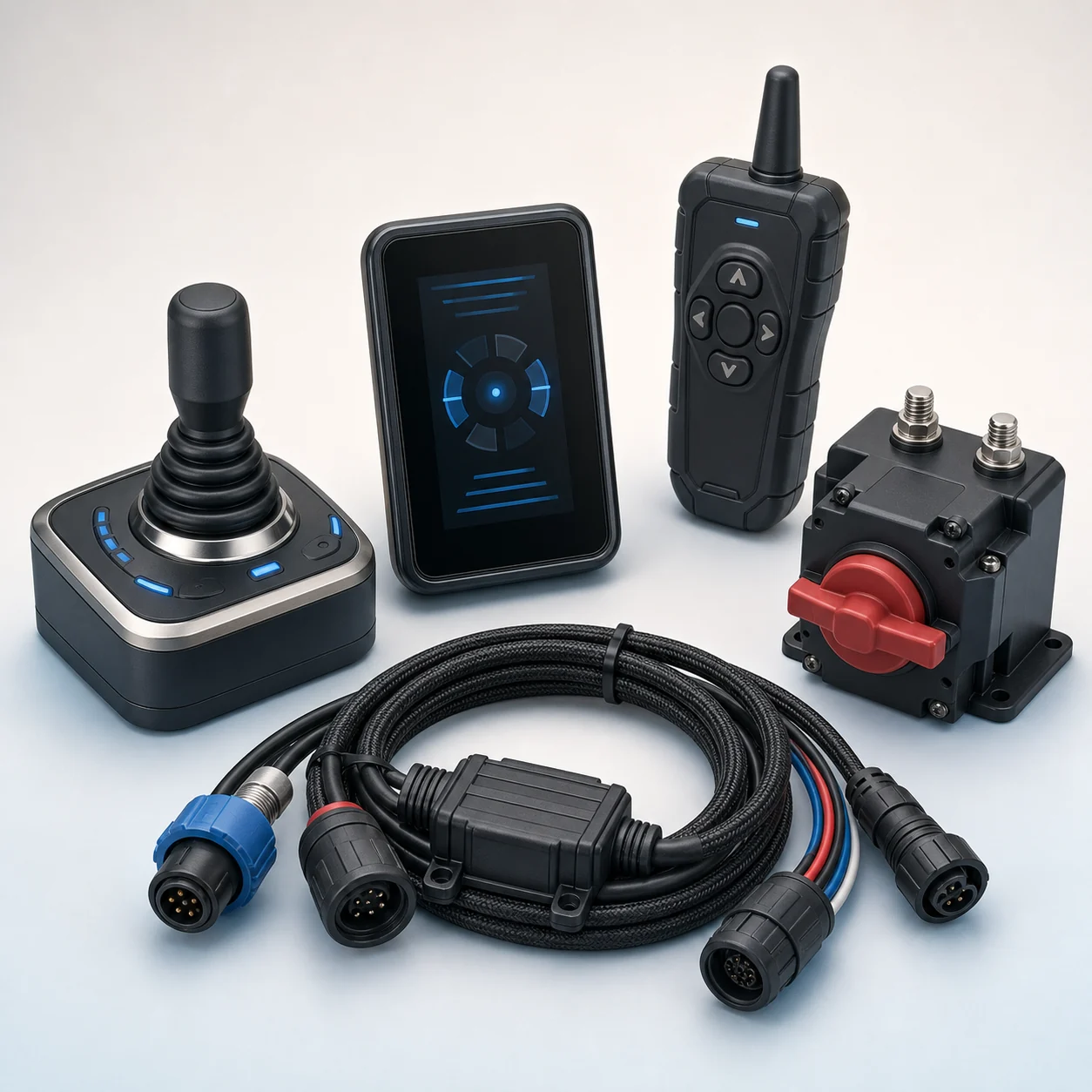 Brand-neutral marine thruster joystick, panel, remote and electrical accessories